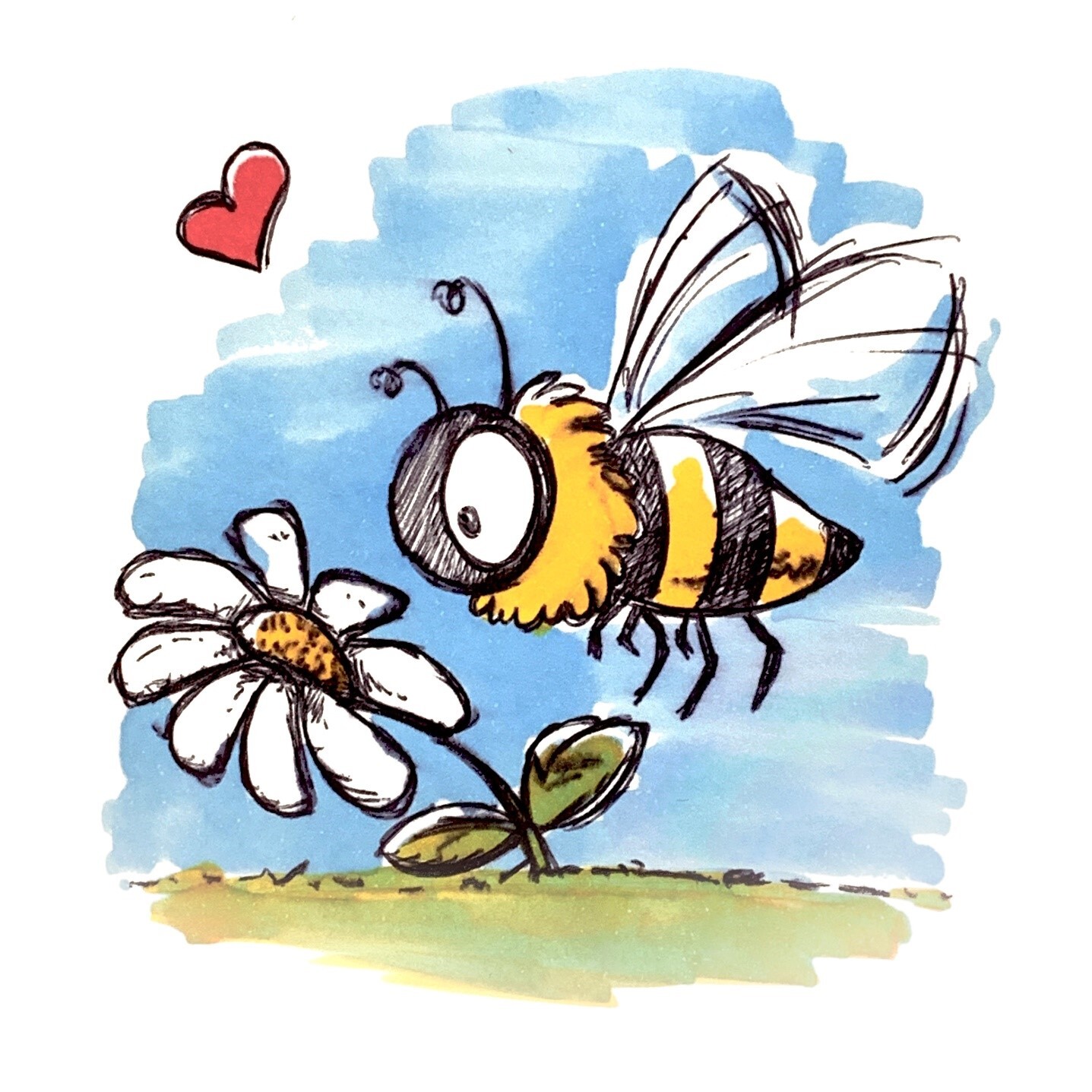 gezeichnetes Bild mit einer Biene und einer Blume 